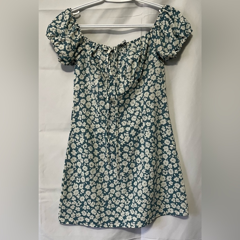 Floral Milkmaid Puff Sleeve Mini Dress Cottagecore Coquette Sage Blue